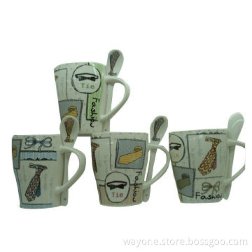 Earthware Ceramic Mug and Spoon with Decal Printing, Father's Day Motif, 4-color